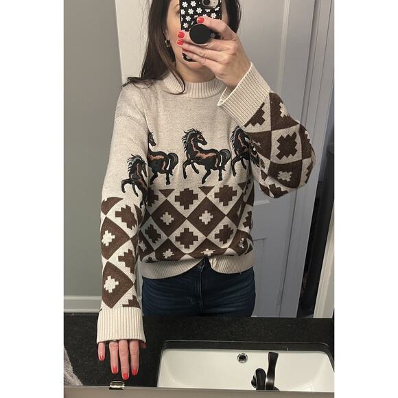 AUTUMN ADEIGBO Brown Horse Printed 100% Virgin Wool Marla Turtleneck Top Small - Picture 5 of 14
